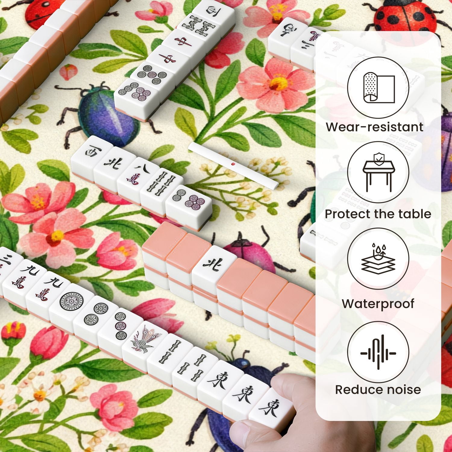 Mahjong Mat 31.5" x 31.5" Colorful Beetles Flowers Vibrant Shades Anti-Slip and Noise Reduction Symmetry Design Mahjong Tiles Table Cover for Dominoes Poker Card Board and Tile Games