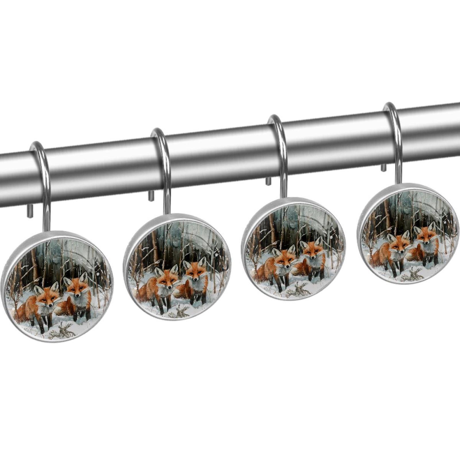 Little Foxes Snow Shower Curtain Hooks Round Crystal Glass, Set of 12 Shower Curtain Rings - Shower Hooks for Curtain Shower Rings