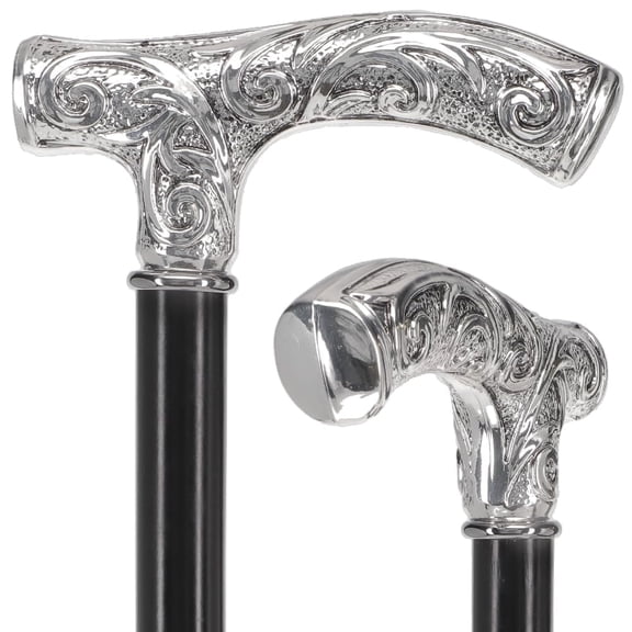 Italian 925R Genuine Silver Embossed Fritz Handle Walking Cane with Black Beechwood Shaft and Collar