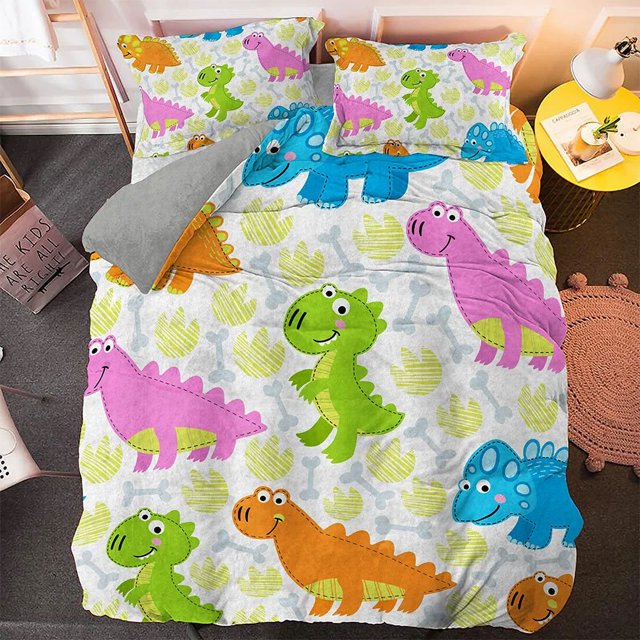 Ensemble de Literie Famille de Dinosaures 3d pour Enfants Housse de Couette Imprimée Dessin Animé Taille Simple