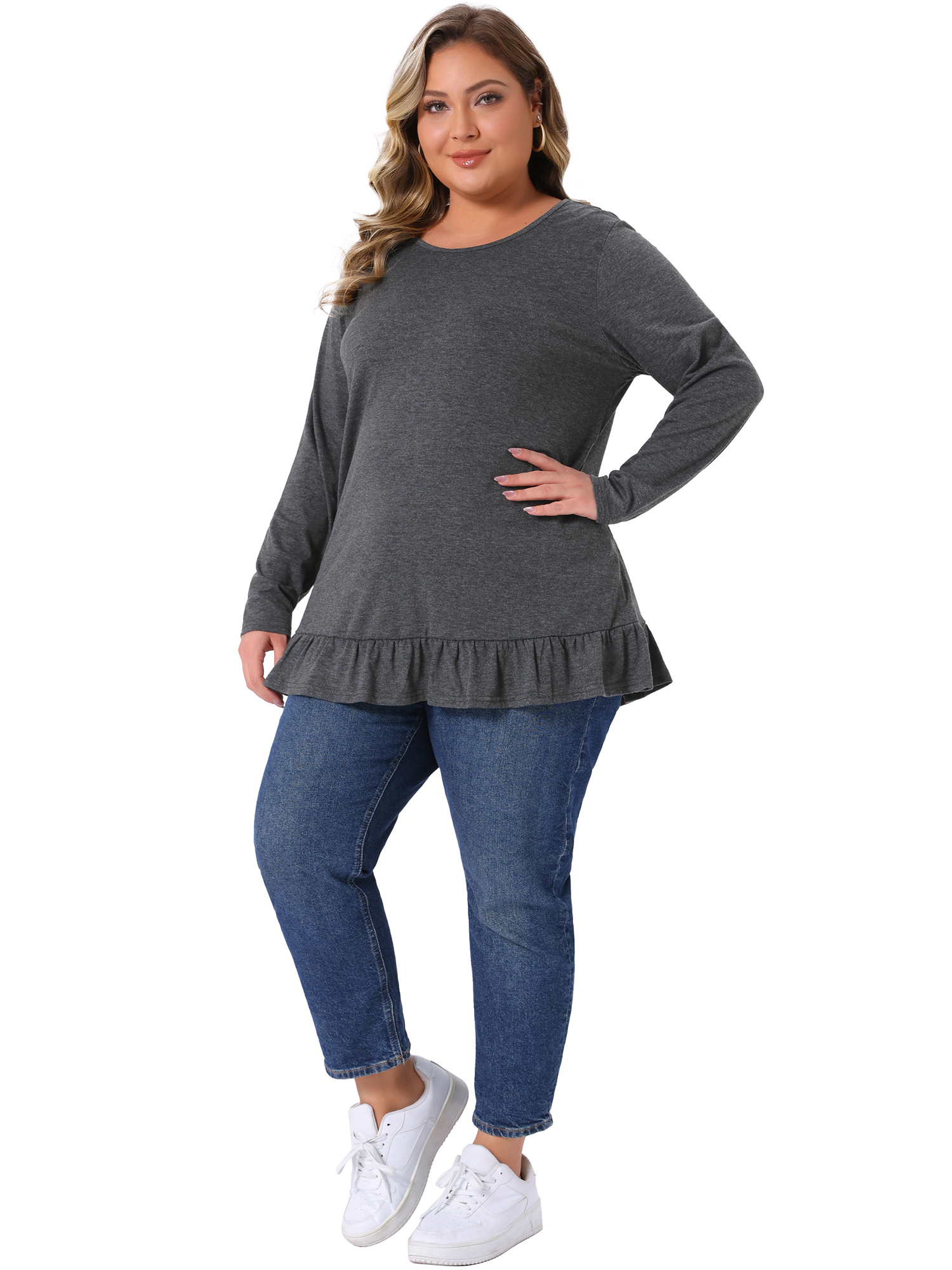 DARING DIVA Women's Plus Casual Long Sleeve Ruffled Hem Blouse 3X Dark Gray