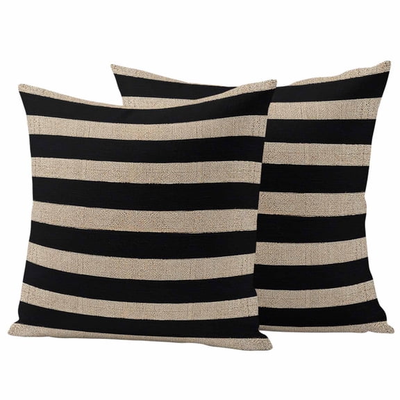 Outdoor Waterproof Throw Pillow Covers Set of 2 Black Linen Stripes Decorative Pillowcases Outdoor Pillows Cushion Case 18x18 Inch Classic Horizontal Striped Patio Pillows for Couch Sofa Bed Garden