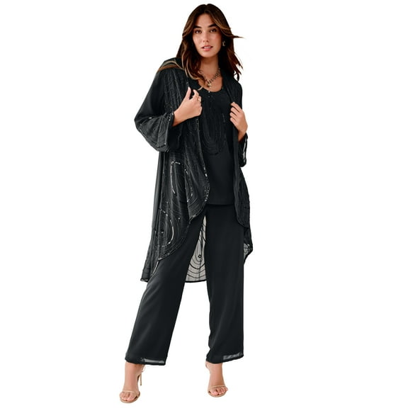 Roaman's Women's Plus Size Beaded Georgette 3-Piece Pant Set – Formal Wear