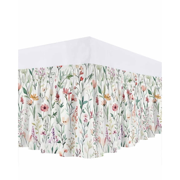 Spring Sage Floral Bed Skirt King Size 18" Drop Watercolor Style Red Flower Ruffled Wrap Around Bed Skirts Adjustable Elastic Bedskirt Dust Ruffle for King Size Bed
