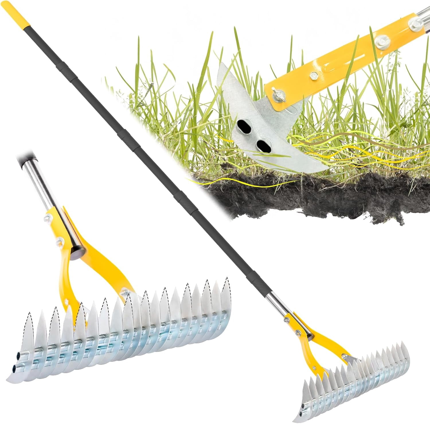 6 Inch Rake Thatch Rake for Lawn with 74inch Handle, 15 inch Dethatcher Rake for ...