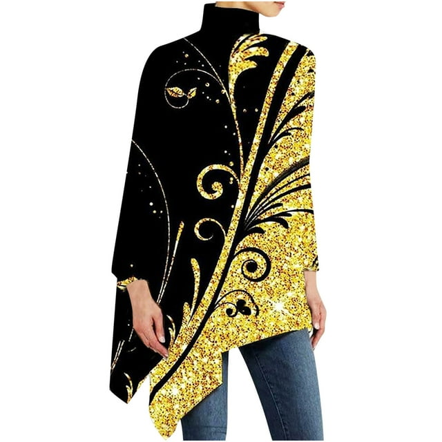 Japceit Chemises à Manches Longues pour Femmes, Chemises à Manches 3/4 pour Femmes, Mode Décontractée, Blouse à Col Roulé Imprimée, Hauts pour Dames, Chemises à Manches Longues Irrégulières pour Femmes