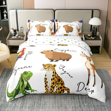 Erosebridal Jungle Wildlife 100% Cotton Duvet Cover Twin Size, Leopard Capibara 100% Cotton Comforter Cover Twin, Cute Deer Decor, Reversible 2pcs（No Comforter）