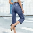 thumbnail image 5 of Capri Jeans for Women Elastic High Waist Relaxed Fit Washed Blue Wide Straight Leg Denim Capris with Pockets Cropped Jeans, 5 of 7