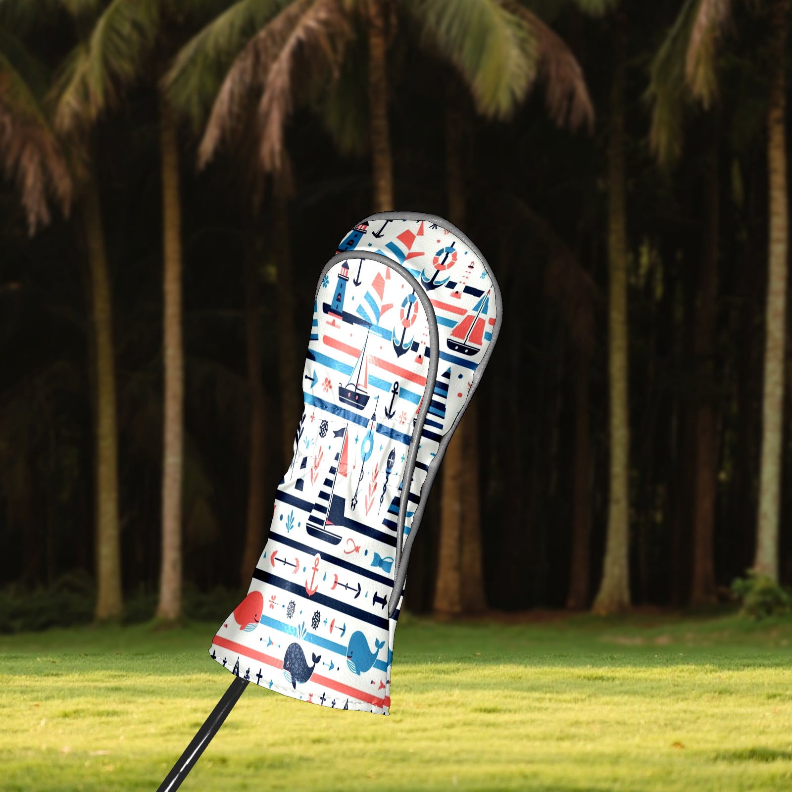 Golf Club Covers, Multicolor Nautical Icons Premium PU Leather Driver Hybrid Putter Head Covers with Velvet Lining, Waterproof Golf Gifts for Men Women