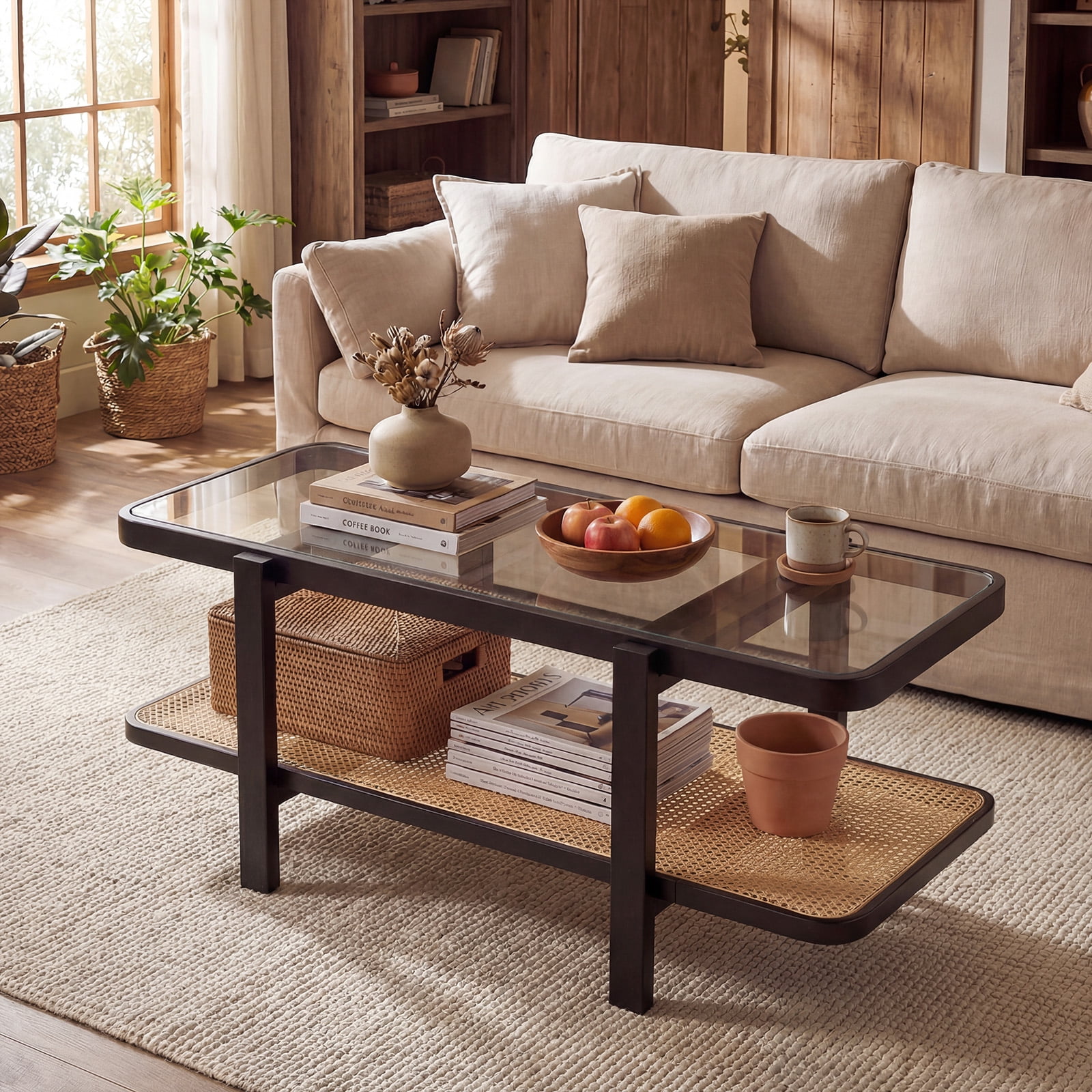 Costway 2-Tier Coffee Table with Storage, Tempered Glass Top, PE Rattan Shelf & Wood Frame Black & Natural