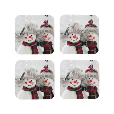 

Coasters Set of 4 - Christmas Snowman With Hat Drink Coasters for Tabletop Protection Leather Coasters for Living Room Decor and Housewarming Gift Square
