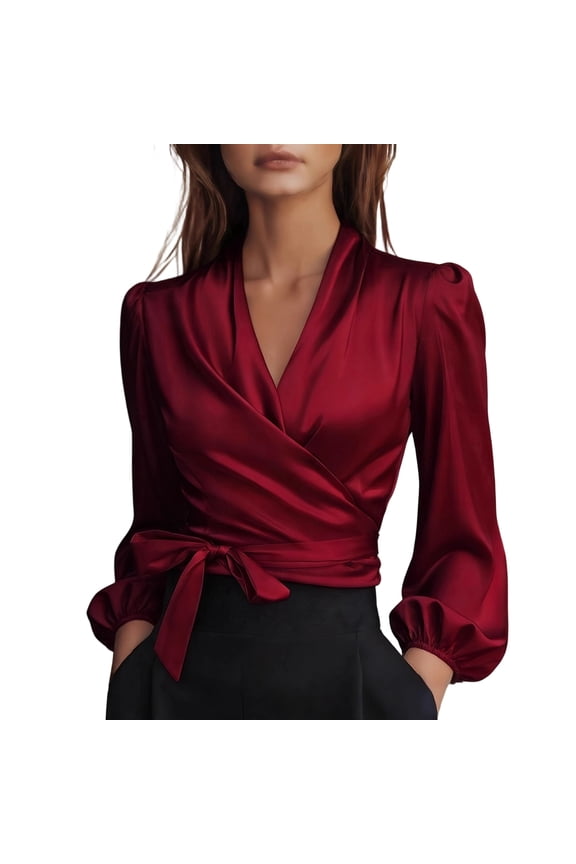 Silk Blouse for Women Elegant Wrap Satin Shirt Sexy Criss Cross Neck Long Sleeve Tie Waist Office Cocktail Formal Top Wine L