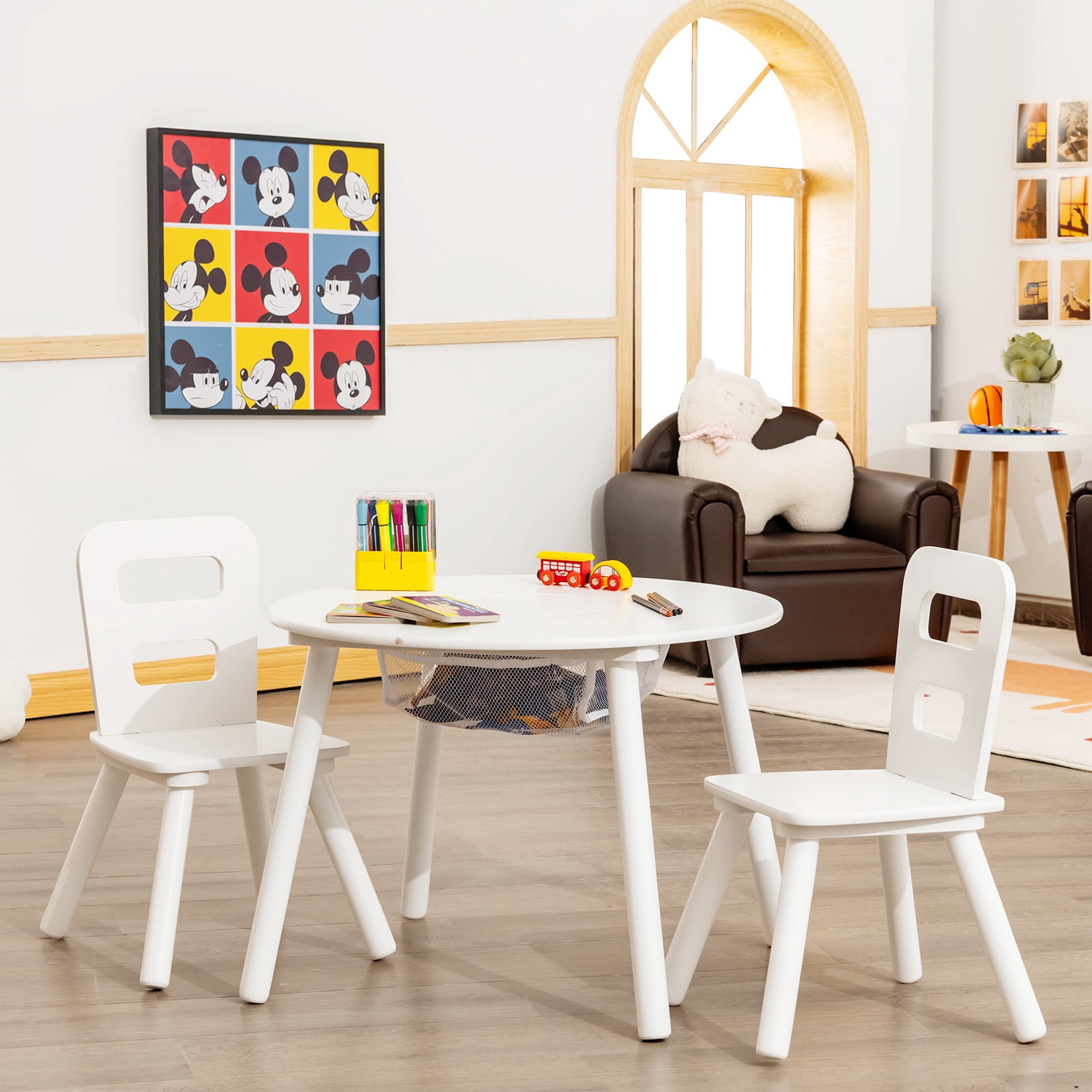 Infans Kids Wooden Round Table & 2 Chair Set w/ Center Mesh Storage White
