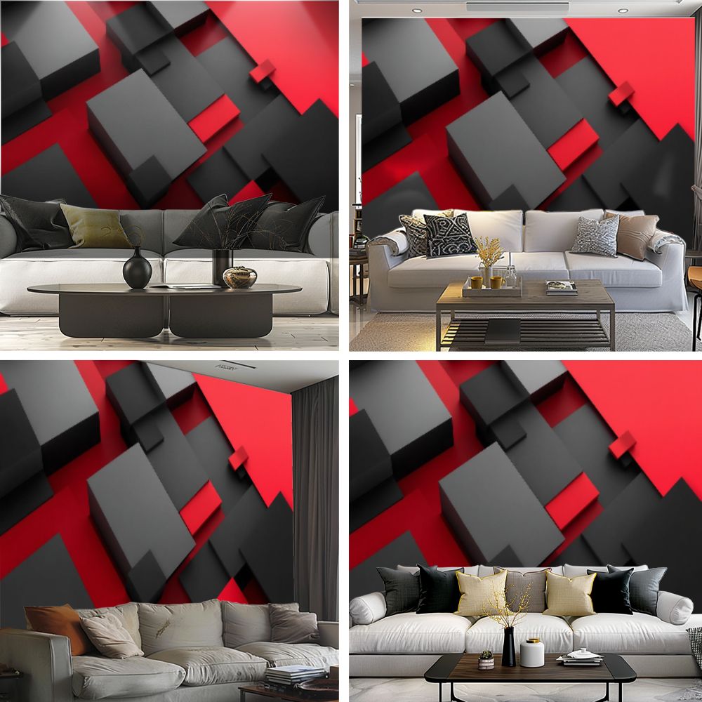 Peel and Stick Wallpaper Black Red 3D Geometry Red Cubes Gray Rectangles Layered Blocks Modern Art Wall Mural Decor Self Adhesive and Removable 69in x 98in