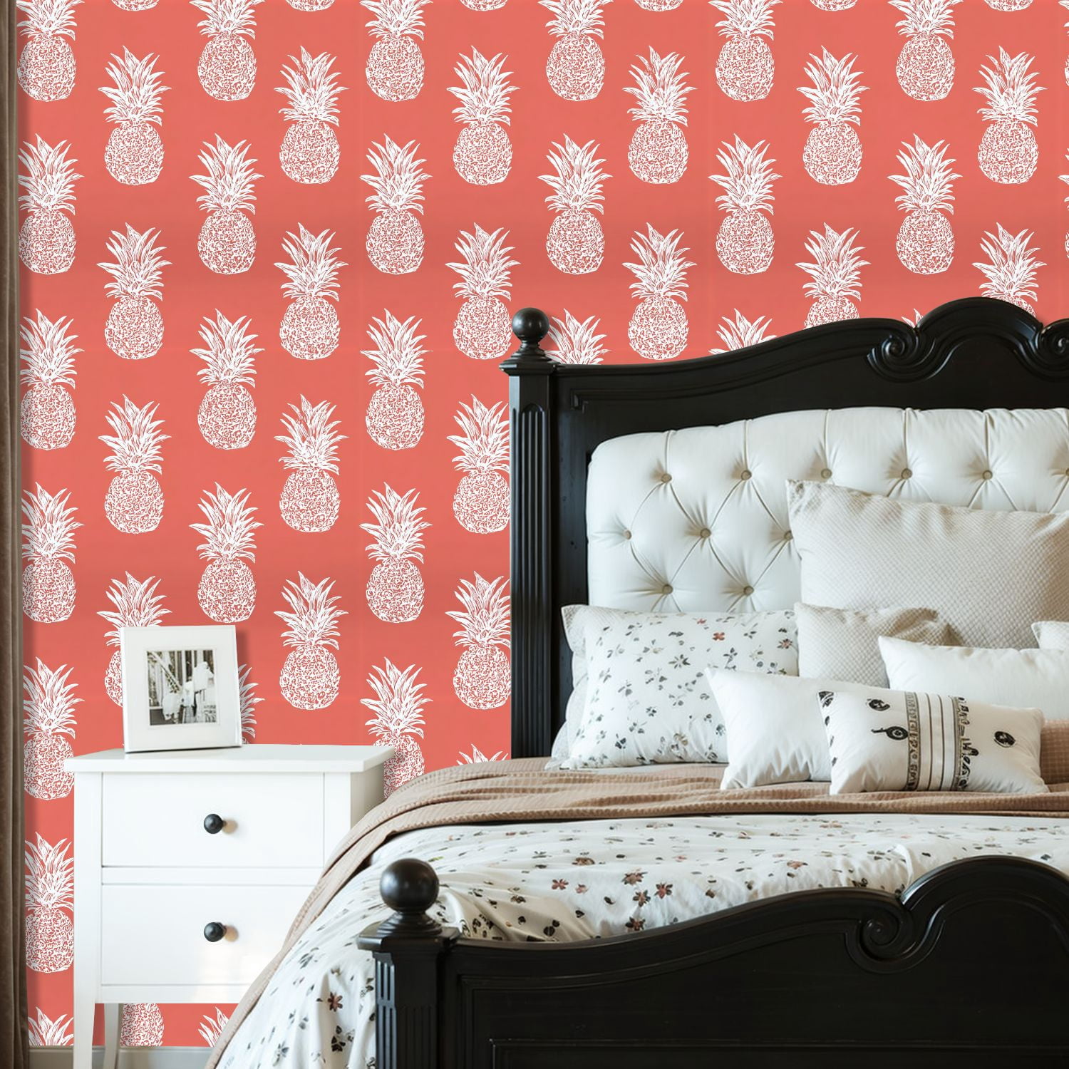 Peel and Stick Wallpaper Tropical Pineapple Coral Hand Drawn Style Wall Mural 23.6in x 9.8ft Self Adhesive Removable Wall Paper Renter Friendly Wallpaper for Nursery Bedroom Cabinets