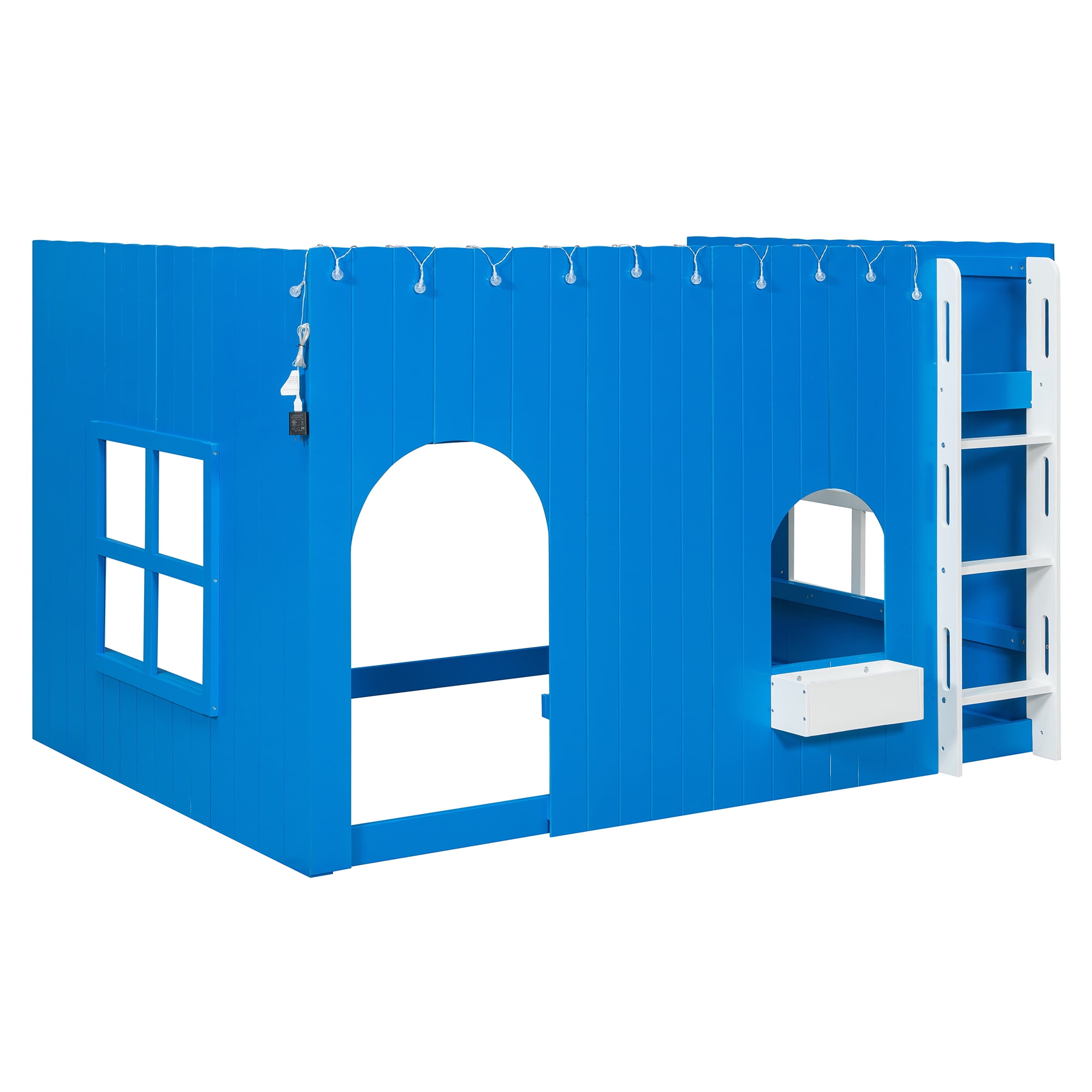 Mintazer Full House Loft Bed with LED Lights, Kids Playhouse Bed with Ladder, Blue