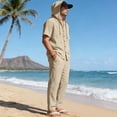 thumbnail image 3 of OGLCCG Men's 2 Piece Linen Beach Outfits Short Sleeve Button Up Hooded Shirt and Pant Set Casual Matching Set with Pockets,XXL,Khaki, 3 of 8