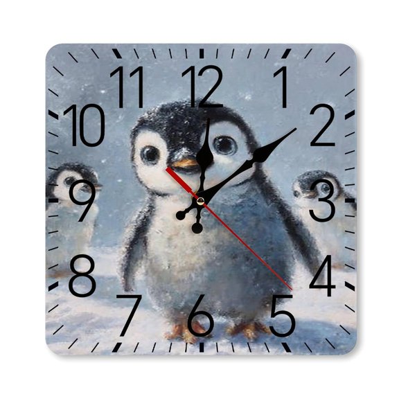 RKSupls 10×10inch Square Silent Wall Clock Wooden Frame, Penguin Snow Winter Scale Decorative Clock for Home Bedroom Living Room Office