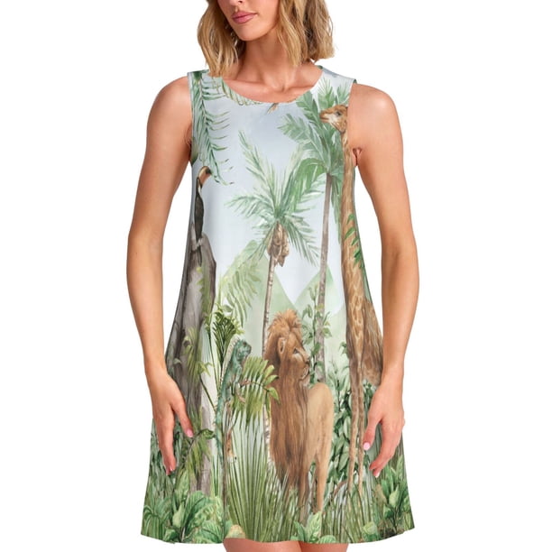 Easygdp Watercolor African Animals Wildlife para Vestido Transpirable de Mujer, Vestido Suelto de Manga Corta con Pliegues y Bolsillos para el Verano