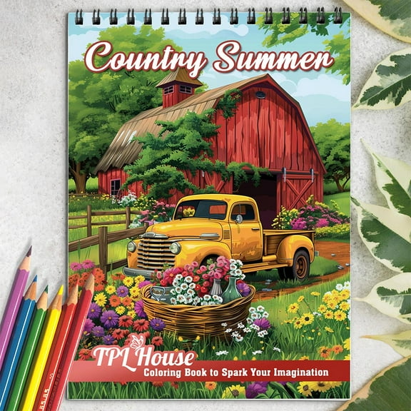 TPLHOUSE Country Summer Coloring Book for Adults, Spiral Bound, Soft Cover