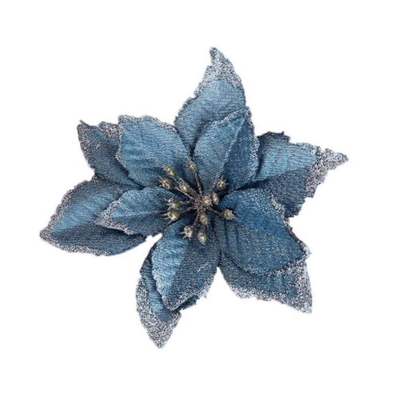 12 Pcs Christmas Flowers Artificial for Decoration,6 Inch Blue Poinsettia Xmas Tree Wreath Glitter Floral Ornaments for Front Door Wedding Party