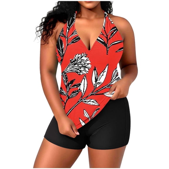 Vynhevius Tummy Control Plus Size Tankini Swimsuits for Women Two Piece Bathing Suit Shorts Swim Top Swimwear