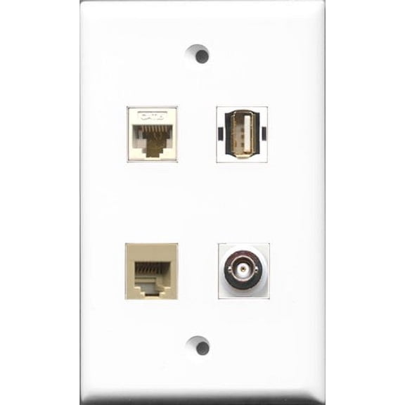 RiteAV 1 Port USB A-A and 1 Port Phone RJ11 RJ12 Beige and 1 Port BNC and 1 Port Cat6 Ethernet White Wall Plate