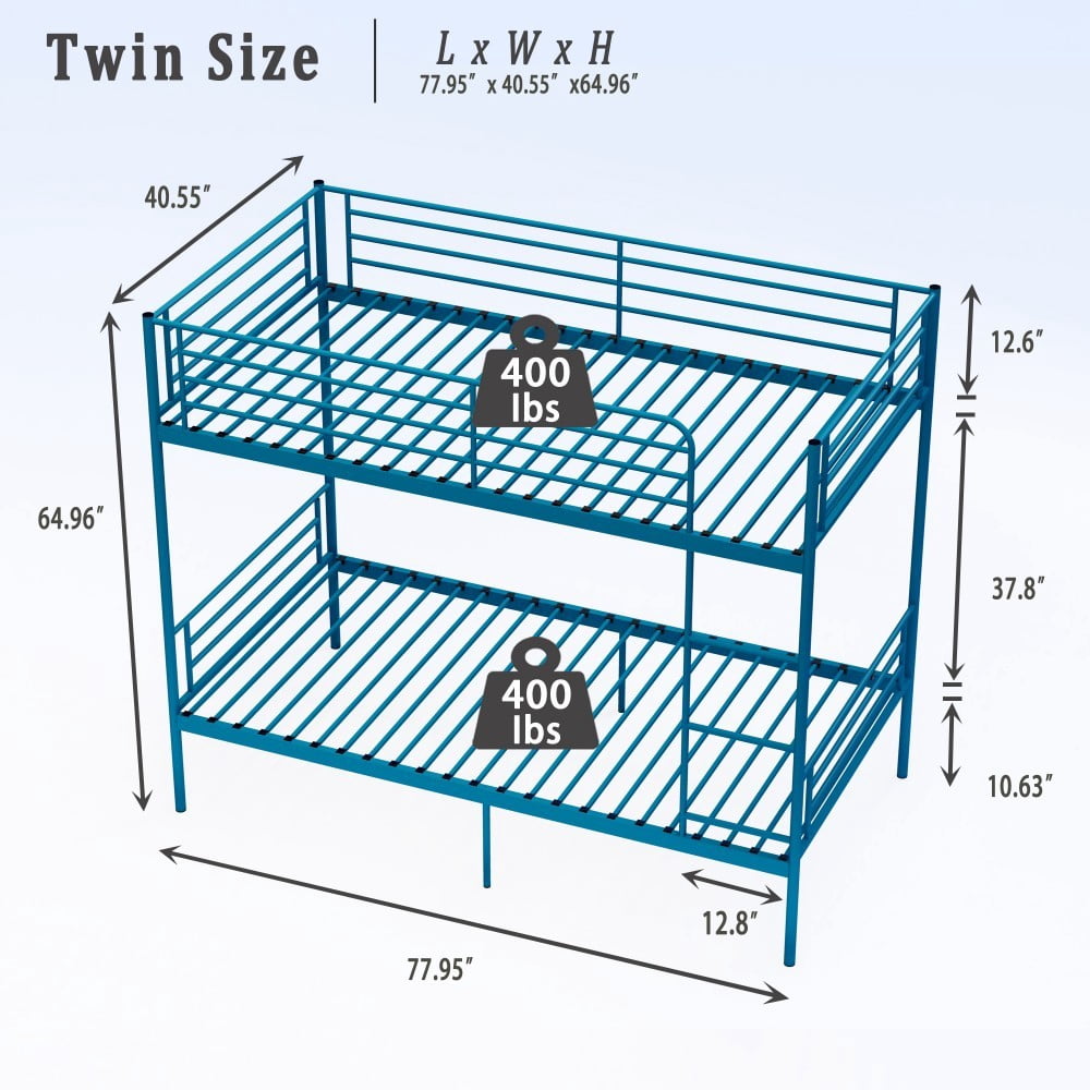 Twin Over Twin Bunk Bed with Ladder and High Guardrail, Convertible Metal Bunk Bed, Separates into 2 Twin Beds, Space Saving, Blue