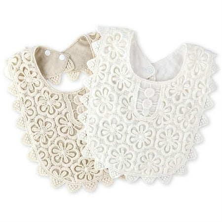 

CHUANK 2 Pack Baby Drool Bibs 100% Organic Cotton Drooling and Teething Bandana Bibs Lace Fake Collar Bib Set for Toddler Girls (White+Beige) Medium