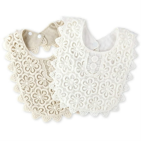 

CHUANK 2 Pack Baby Drool Bibs 100% Organic Cotton Drooling and Teething Bandana Bibs Lace Fake Collar Bib Set for Toddler Girls (White+Beige) Medium
