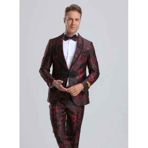 Men's Fancy Black & Red Floral Paisley Prom Tuxedo with Red Trim