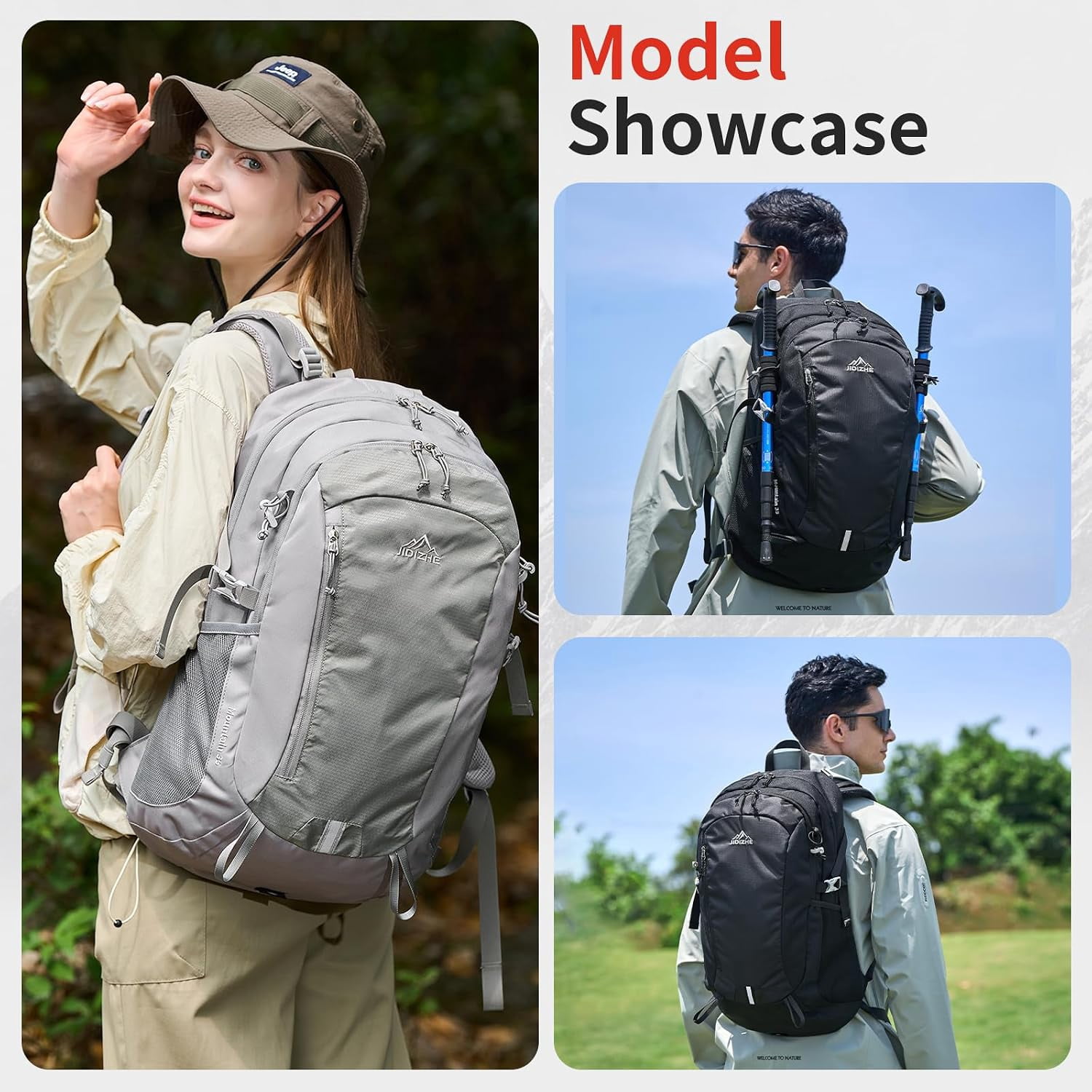 JIDIZHE 35L Hiking Backpack, Water Resistant Daypack with Rain Cover, Lightweight Design, Adjustable Chest Strap & Breathable Back Pad, Unisex for Hiking, Camping & Travel, Grey