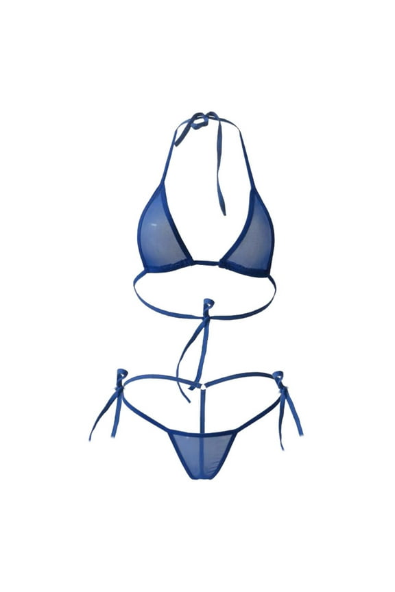 Womens Sheer Extreme Swimsuit Bikini Sexy Halterneck Top and Tie Sides Micro Bikini Thong Sets(A-Blue,Free Size)