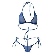 AHTJRT Womens Thong Bikini Set Brazilian Mesh Sheer Extreme Triangle Halterneck Two Pieces Bathing Suits Micro Bikini Bra Top with G-String Swimsuit Blue#01 Free Size