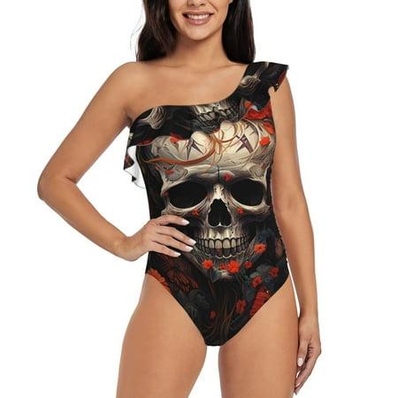 Salouo Vintage Butterfly Flower Skull Pattern One Shoulder Ruffled One Piece Swimsuit for Women V Neck Swimwear Tummy Control Bathing Suit-X-Large