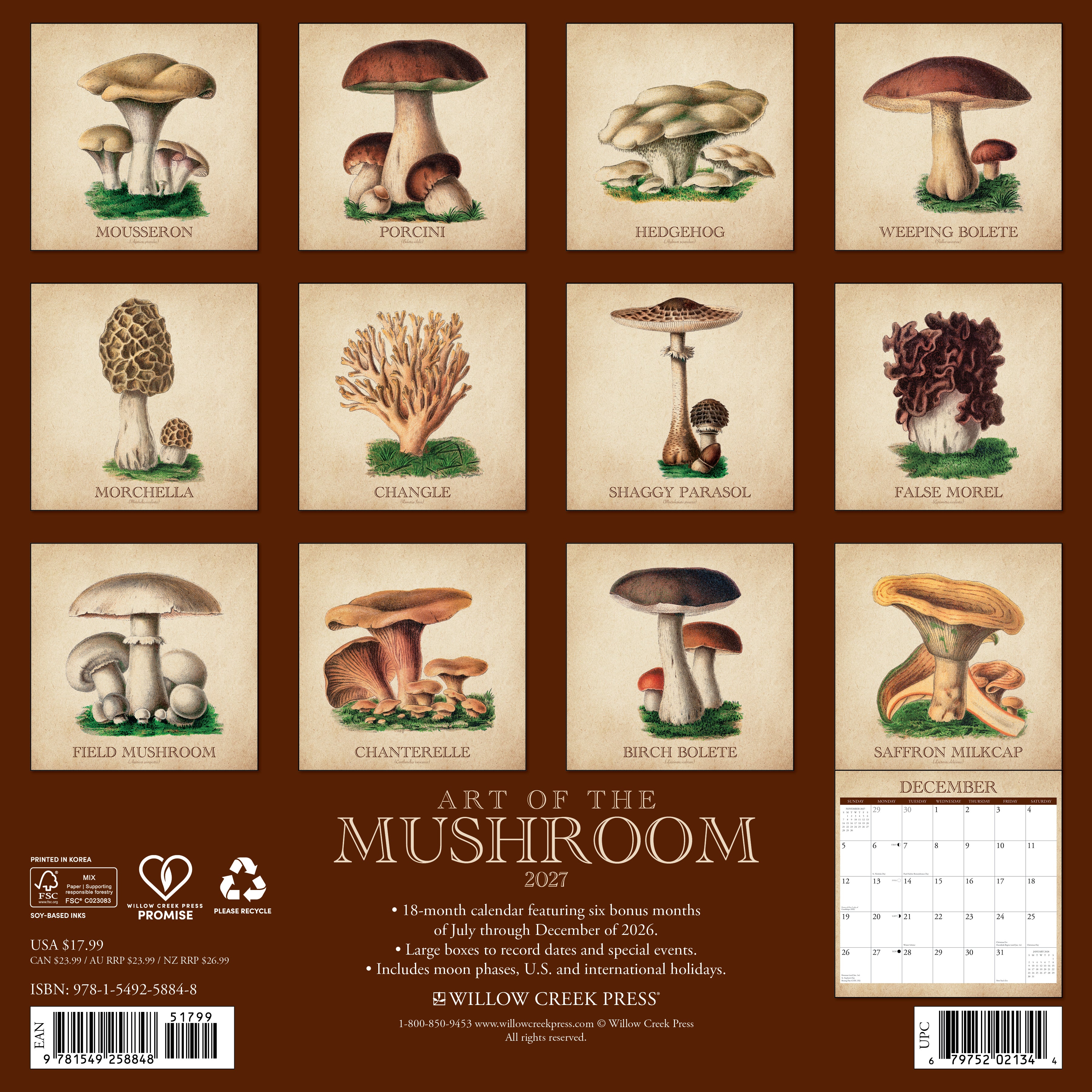 Willow Creek Press, Art of the Mushroom 2027 Wall Calendar