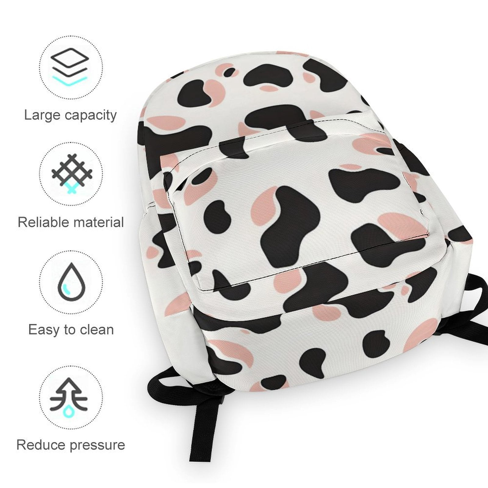 Large Capacity Half Print Backpack 11.8×16.5×5.9in Multifunctional Zipper Design Convenient Switch Simple Cow Print Pattern White Background, Pink And White_2