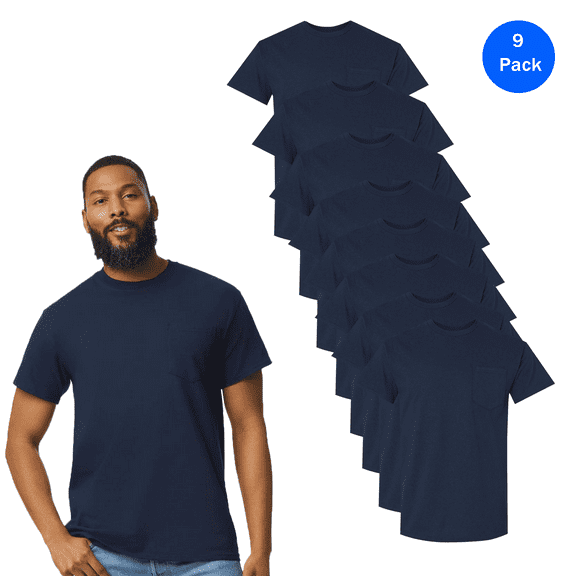 Gildan Ultra Cotton Pocket T-Shirt for Adult Men’s Short Sleeve Navy Tee, Pack of 9, Size S