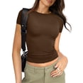 thumbnail image 2 of Short Sleeve Crop Tops For Women Low Cut Thermal Workout Juniors Basic Tee Crew Neck Outfit Layering Athletic Tops Cute Teen Girls Slim Fitted Y2k Tight Shirt Brown XXL, 2 of 7