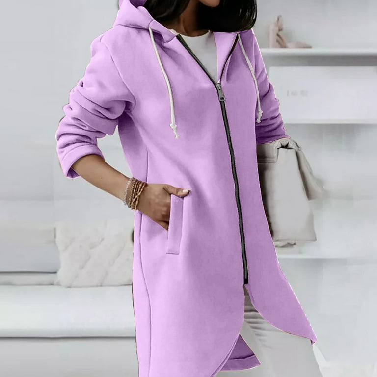 Hfyihgf Plus Size Hoodies Coats for Women Trendy Zip Up Hooded Hoodie Solid  Color Long Sweatshirts Jacket Fall Winter Clothes Z1-Light Purple L