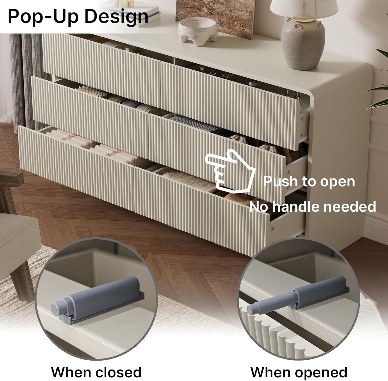 FURNIWAY Beige Curved 6 Drawer Dresser, Modern Long Dresser for Bedroom, Living Room, or Entryway, Push to Open Storage Chest, Minimalist Scandinavian Style