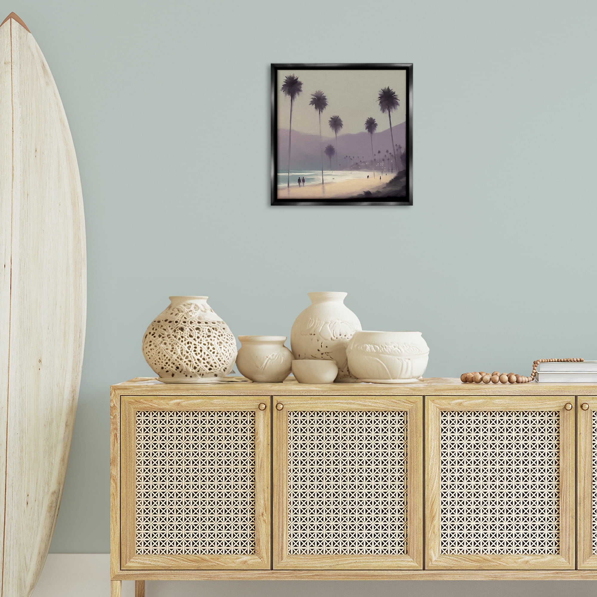 Stupell Industries Looming Palms Beach Landscape & Nature Painting Black Floater Framed Canvas Art Print Wall Art, 18 x 18