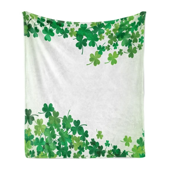 Clover Soft Flannel Fleece Throw Blanket, St Patrick's Day Celebration Graphic with Shamrocks, Cozy Plush for Indoor and Outdoor Use, 50" x 60", Green Fern Green, by Ambesonne