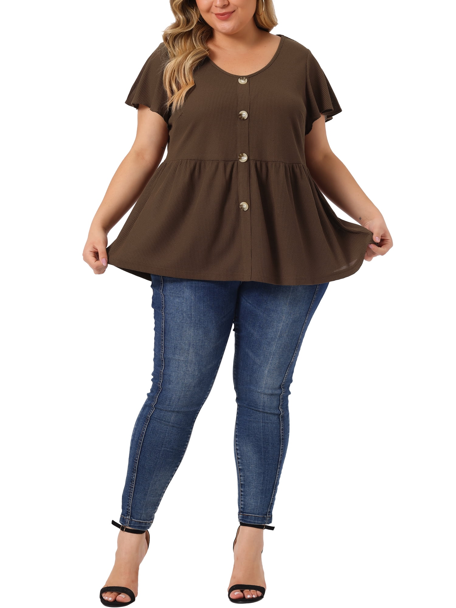 Unique Bargains Women's Plus Tops Button Front Shirts Peplum Blouse 3X Coffee
