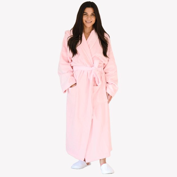Crescentt Luxury Terry Cloth Bath Robes with Slippers for Women Cotton Terry Shawl Collar Robe with Slippers - Baby Pink Hooded - Petite XS/S
