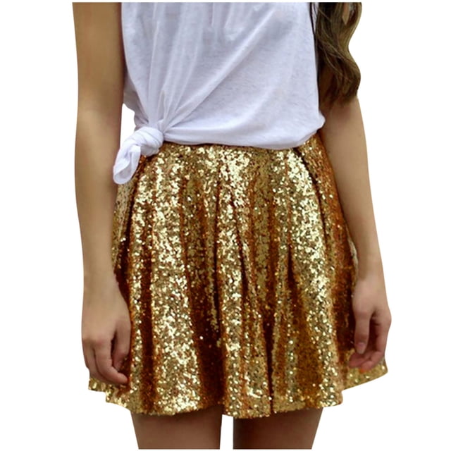 Jupe à Sequins pour Femmes Taille Haute Plissée Scintillante Ligne A Mini Jupe de Soirée Boîte de Nuit Pailletée
