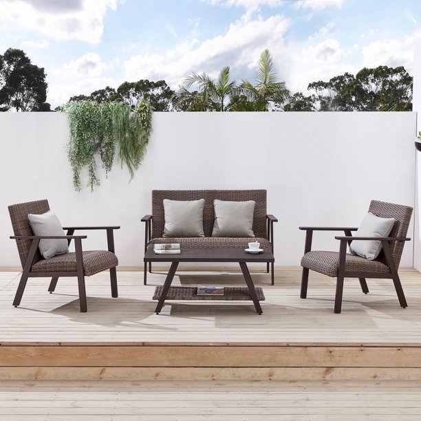 Ove Decors Jennings 4 Piece Rattan Patio Furniture Set Garden Outdoor Sofa Wicker Conversation Set Uv Weather Resistant W Coffee Table Walmart Com Walmart Com