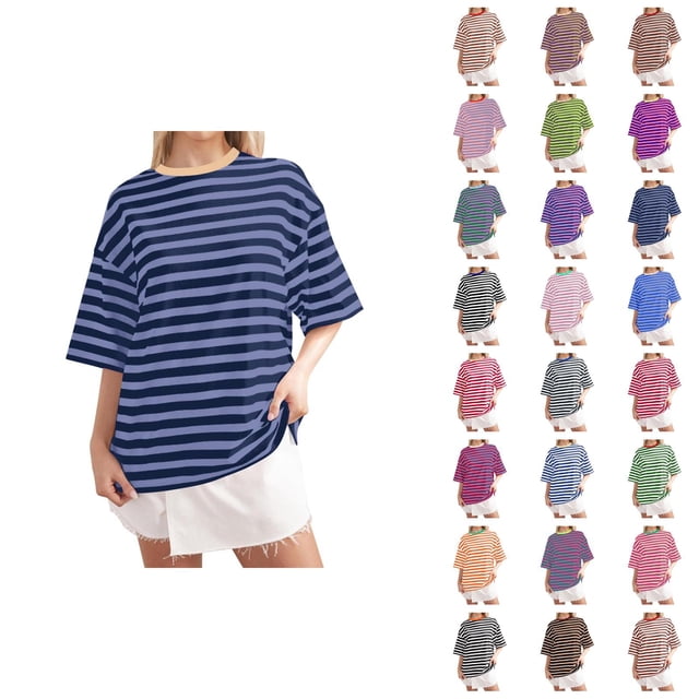 T-shirts Rayés pour Femmes 2026 Été à la Mode Manches Courtes Col Rond Confortables Légers