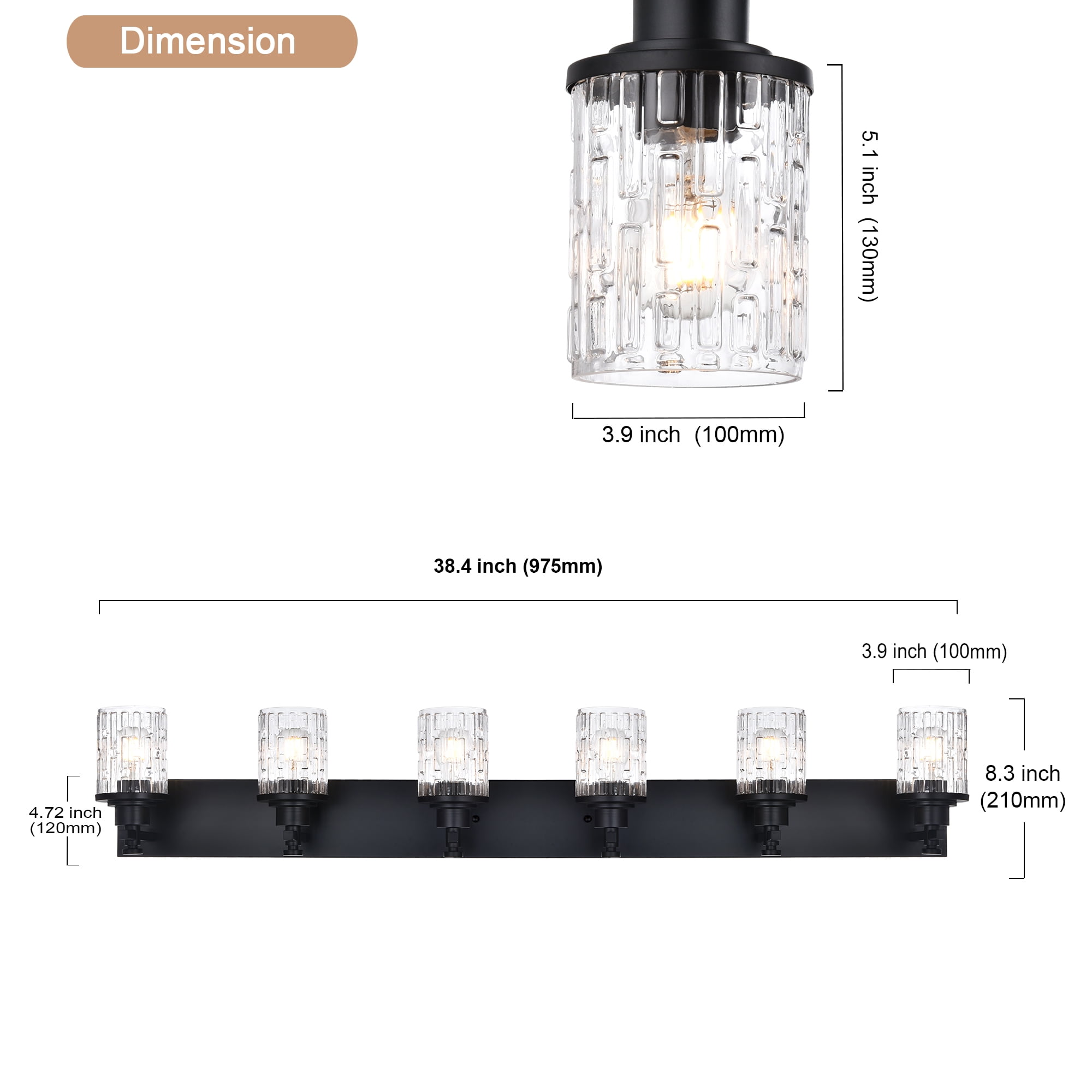 MELUCEE 6-Light Vanity Lighting Fixtures in Matte Black Finish with Clear Grid Glass Shade