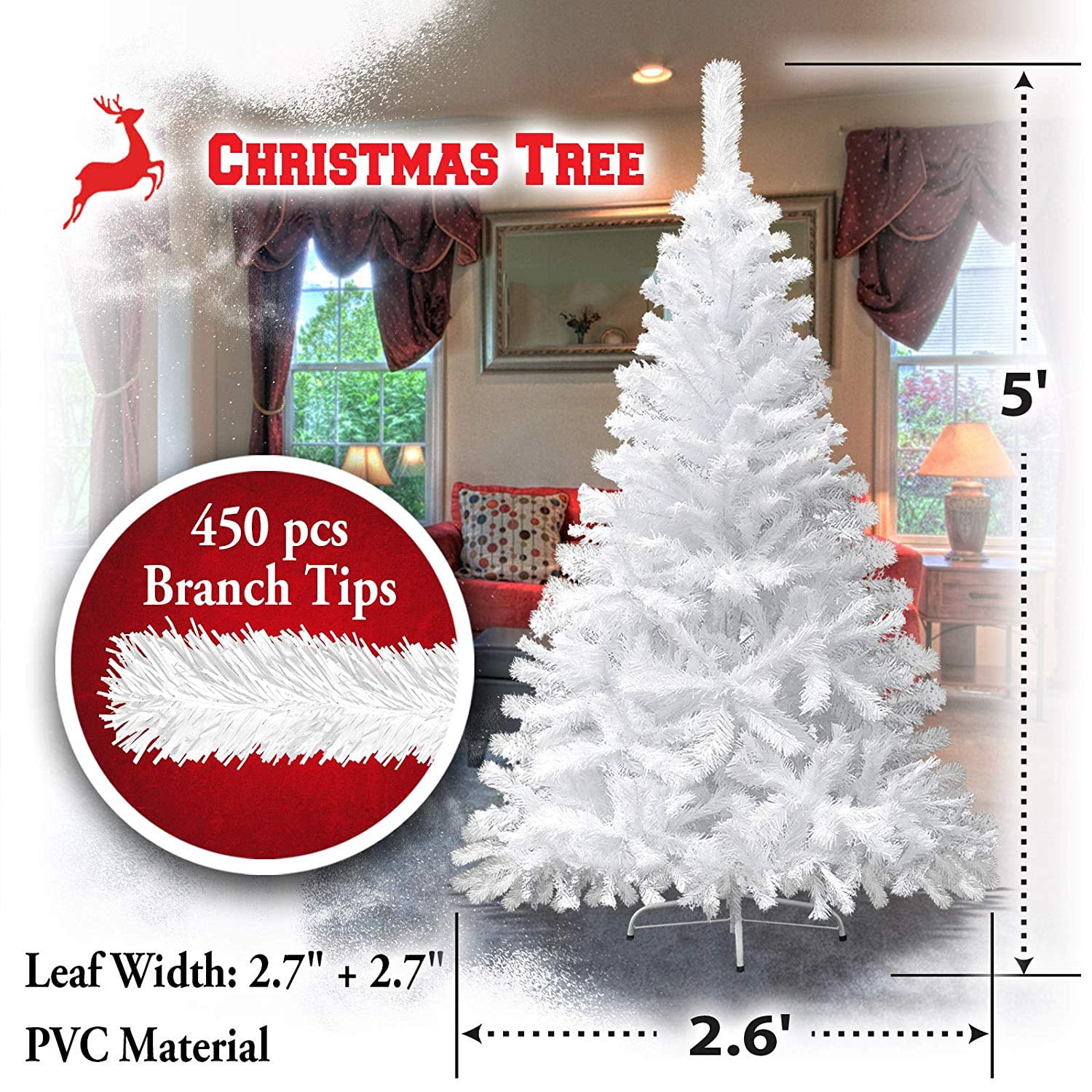 Sunrise 5' Artificial Classic Pine Christmas Tree with Metal Stand (White)